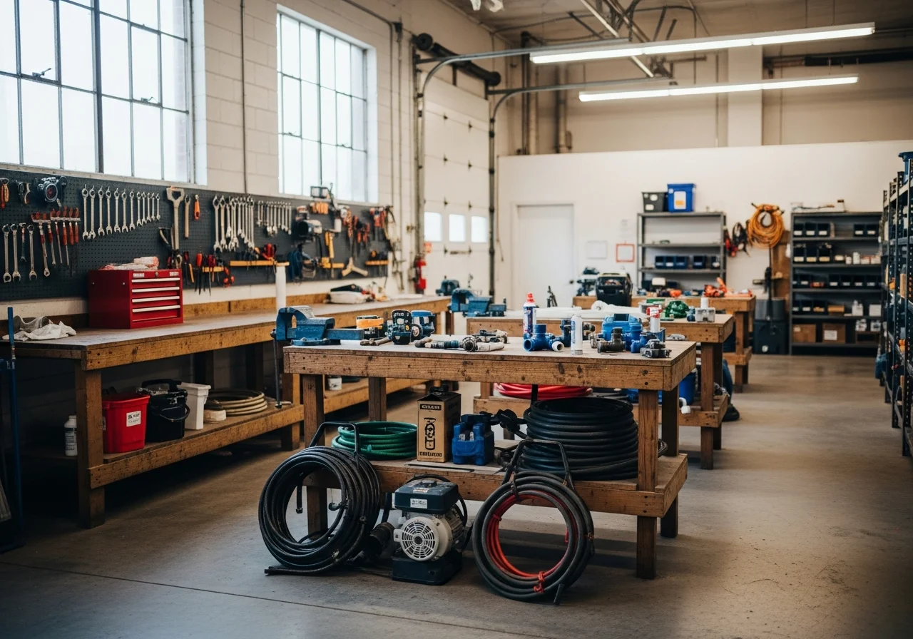 Plumbing shop floor with tools and equipment ready for service calls. Professional workspace showing drain cleaning and repair supplies.