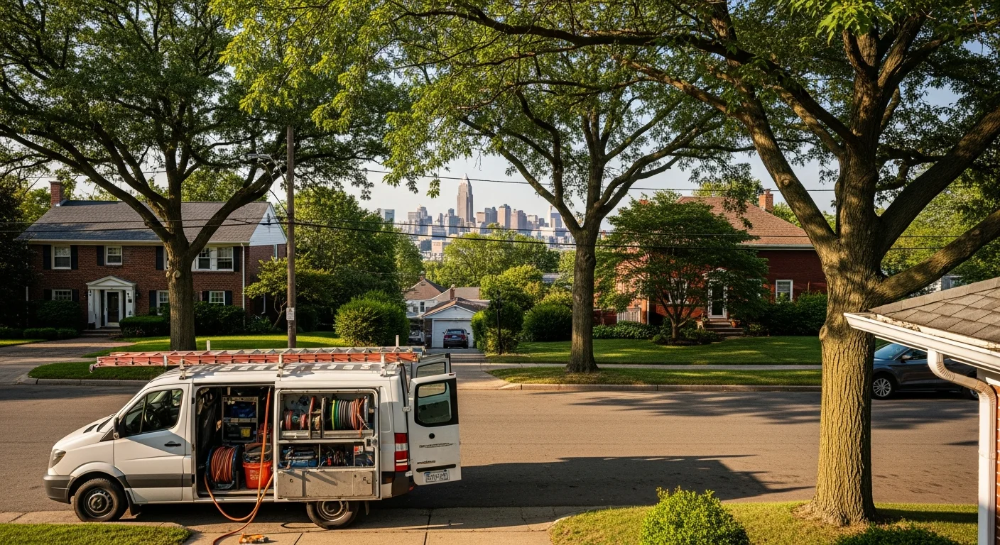 Wide view of Cleveland skyline with residential neighborhoods and tree-lined streets in the foreground under clear sky.