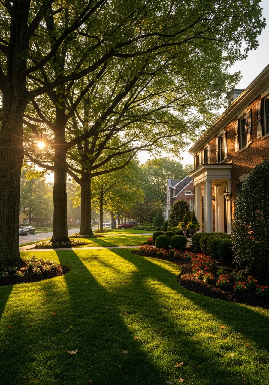 Portrait view of a well-maintained Shaker Heights home exterior with established trees and manicured grounds.
