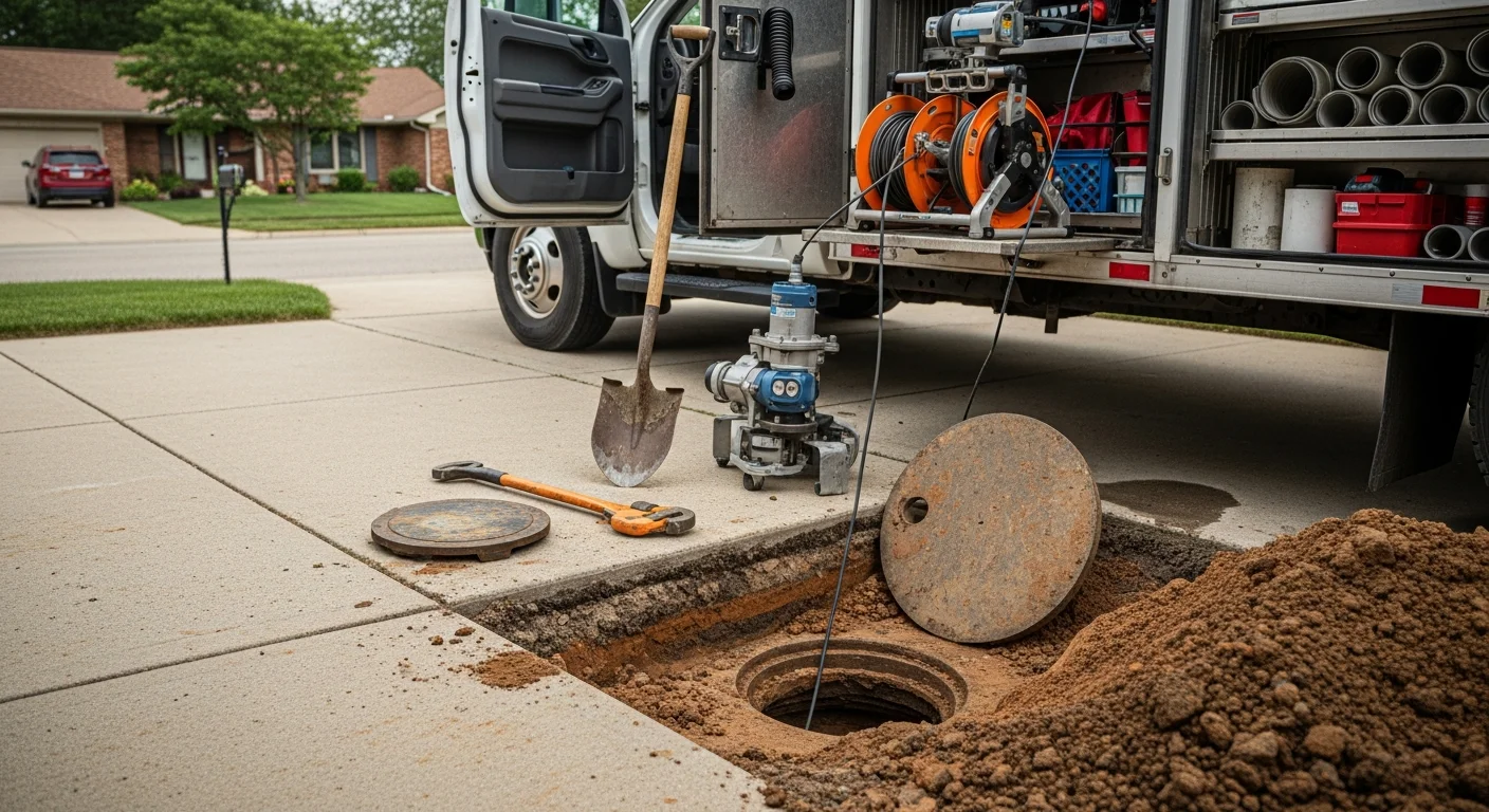 A plumber from Good Fellas Plumbing & Drain running a sewer camera inspection on an aging clay sewer line at a mid-century home in Cuyahoga County, Ohio. The monitor shows a root intrusion blockage inside the pipe.