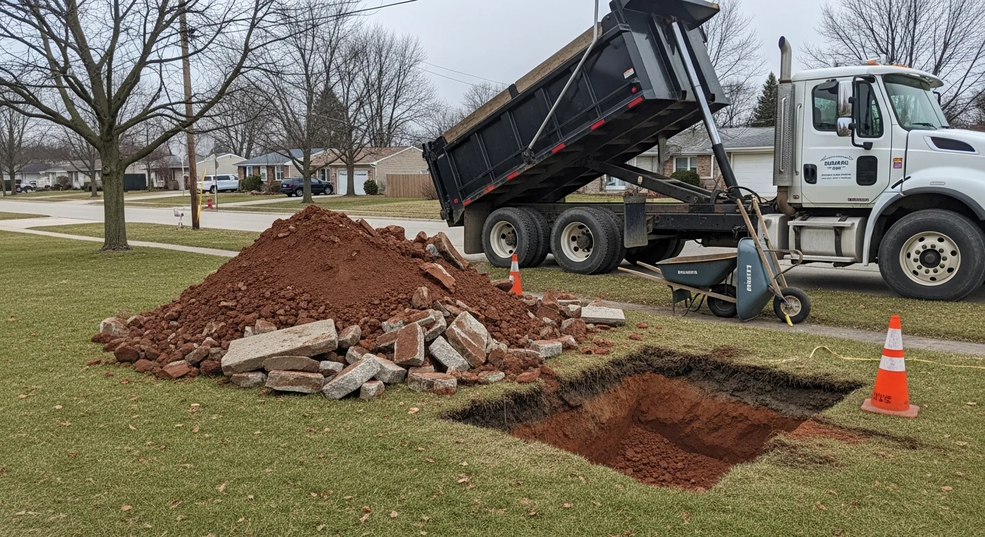 A cleared residential excavation site in Cuyahoga County, Ohio, with all displaced soil and concrete debris removed, leaving a clean open trench ready for backfill. A Good Fellas Plumbing & Drain excavator is visible on the edge of the site.