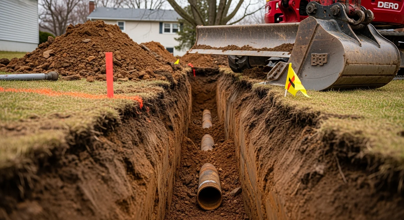 An open excavation trench alongside a residential property in Cuyahoga County, exposing a damaged underground sewer pipe for repair. A mini-excavator sits nearby on a residential lot with clay soil visible along the trench walls.