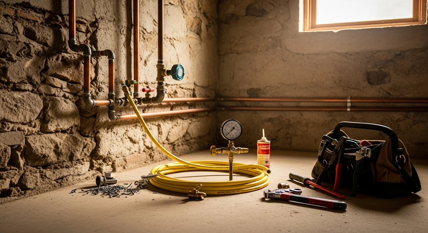 A licensed plumber from Good Fellas Plumbing & Drain connecting a new gas line beneath a kitchen range in a Cuyahoga County home. The exposed pipe runs along the basement ceiling toward the appliance connection point.