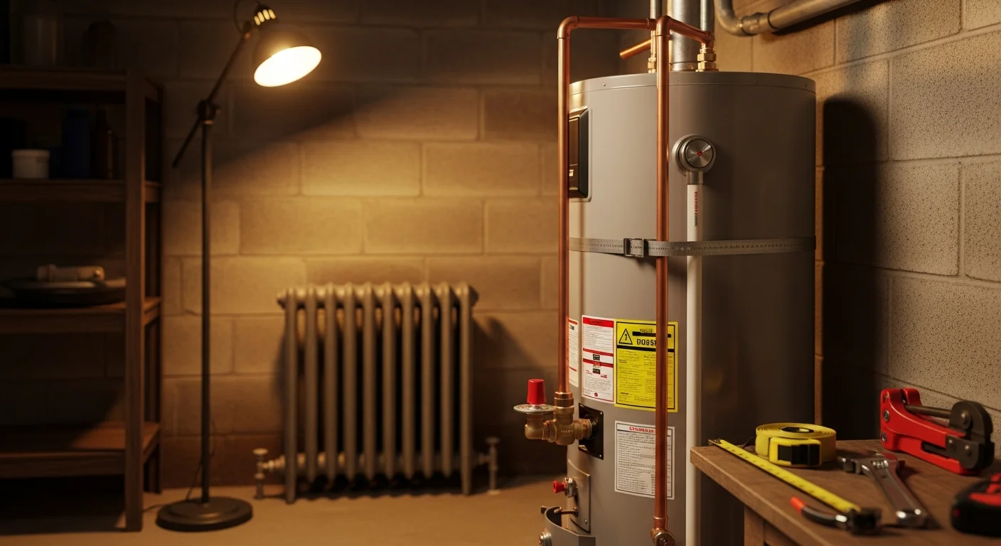 A licensed plumber from Good Fellas Plumbing & Drain connecting a new hot water heater in a residential basement utility room in Cuyahoga County, Ohio. The image shows water supply lines, a pressure relief valve, and a finished installation ready for testing.
