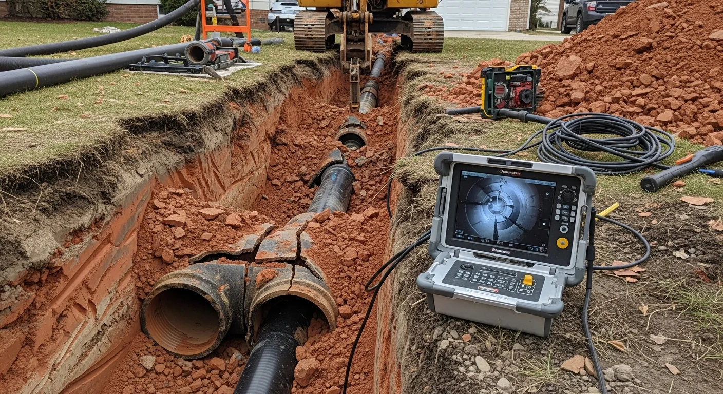 A plumber running a sewer camera inspection on a residential sewer lateral in Cuyahoga County, Ohio. The monitor displays a cracked clay pipe with root intrusion inside an older home's main sewer line.