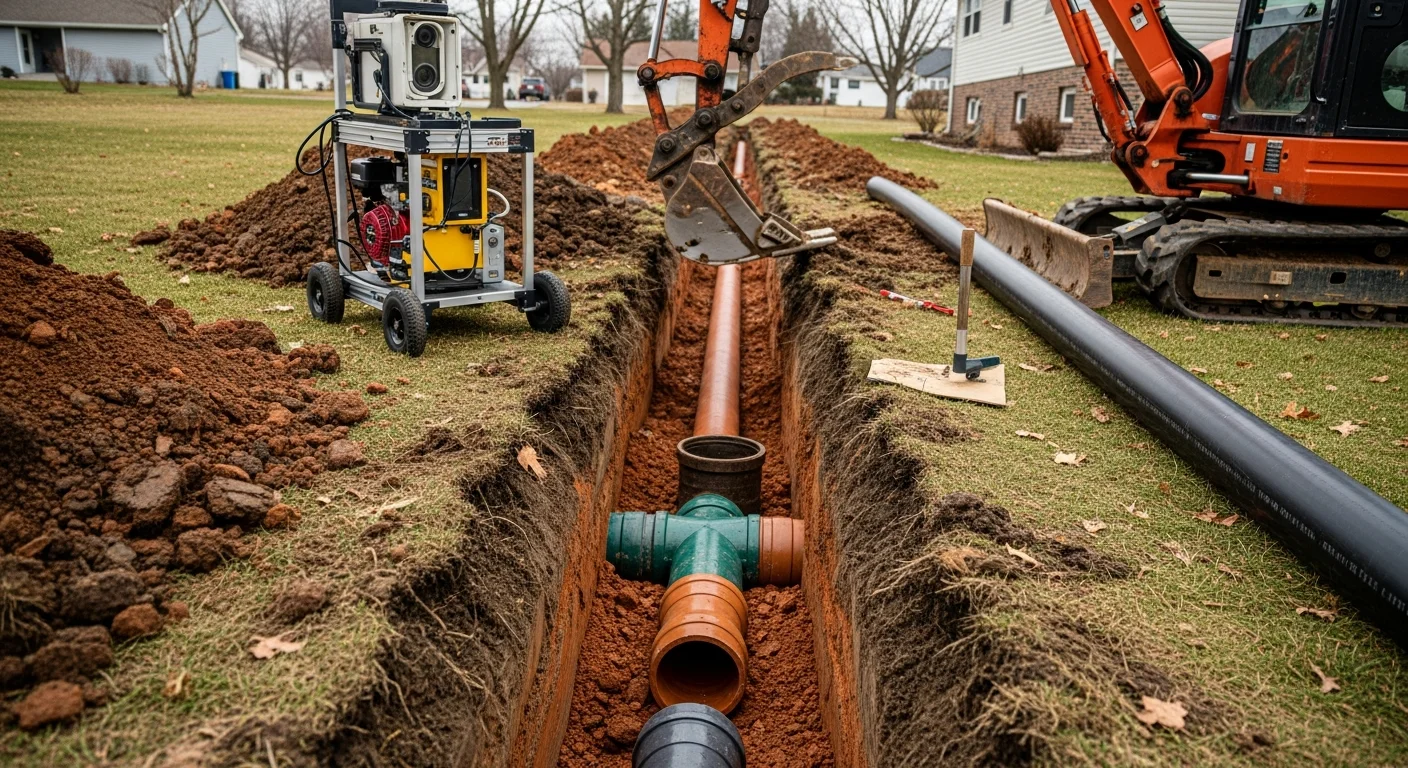 An open trench in a Cuyahoga County residential yard showing a cracked clay sewer pipe being removed and replaced with new pipe. A plumber from Good Fellas Plumbing & Drain works alongside the exposed lateral line running from the home toward the street.