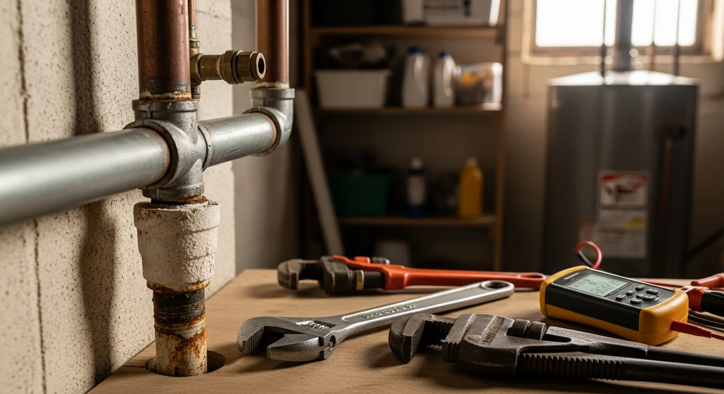 A licensed plumber from Good Fellas Plumbing & Drain inspecting supply lines beneath a kitchen sink in a mid-century Cuyahoga County home. The technician is checking pipe connections and a shut-off valve in a tight under-cabinet space.