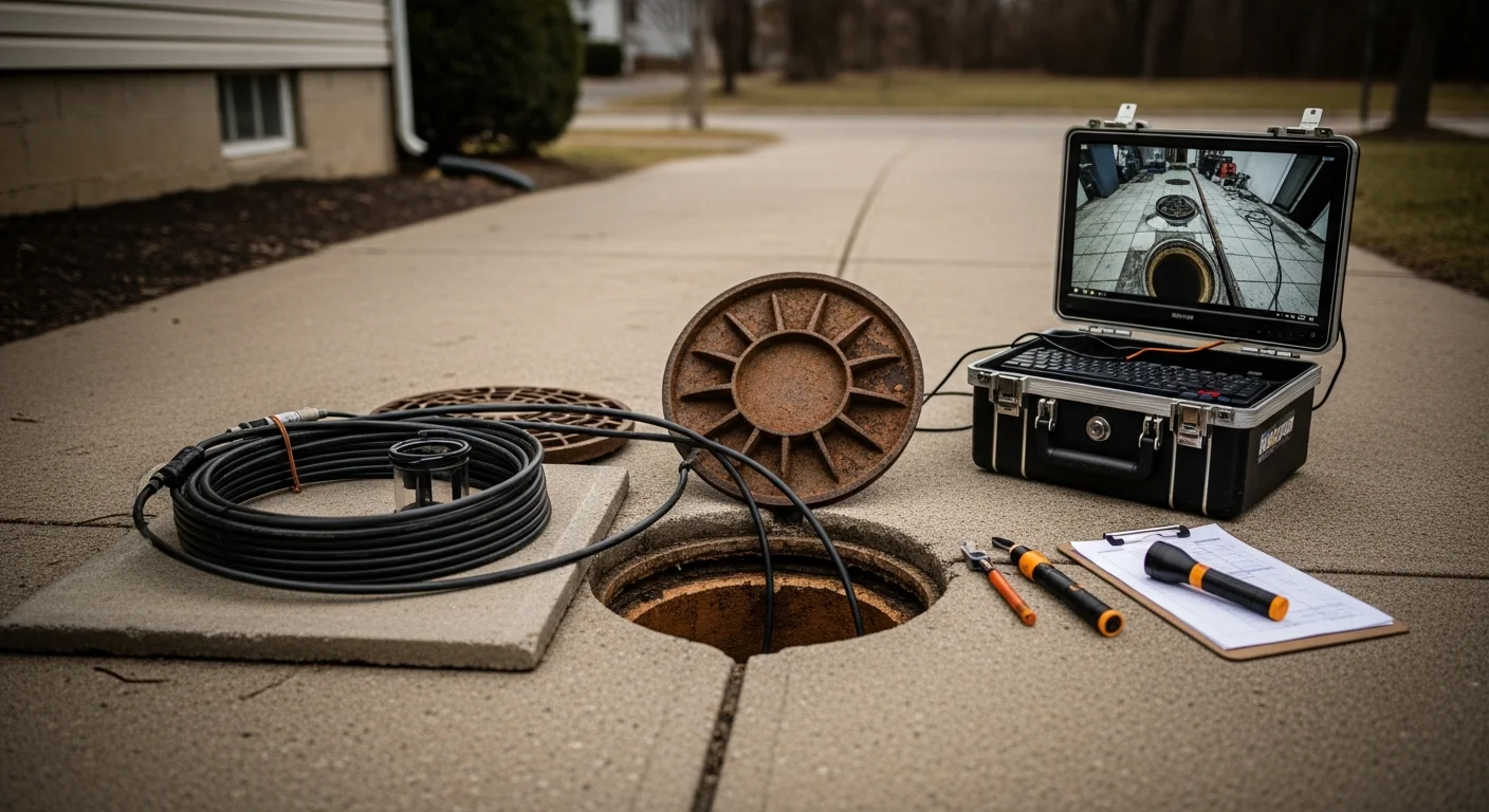 A plumber from Good Fellas Plumbing & Drain feeds a sewer camera line into a cleanout access point at a residential property in Cuyahoga County. The monitor displays a live view of the interior of an older clay tile sewer pipe showing root intrusion and joint separation.
