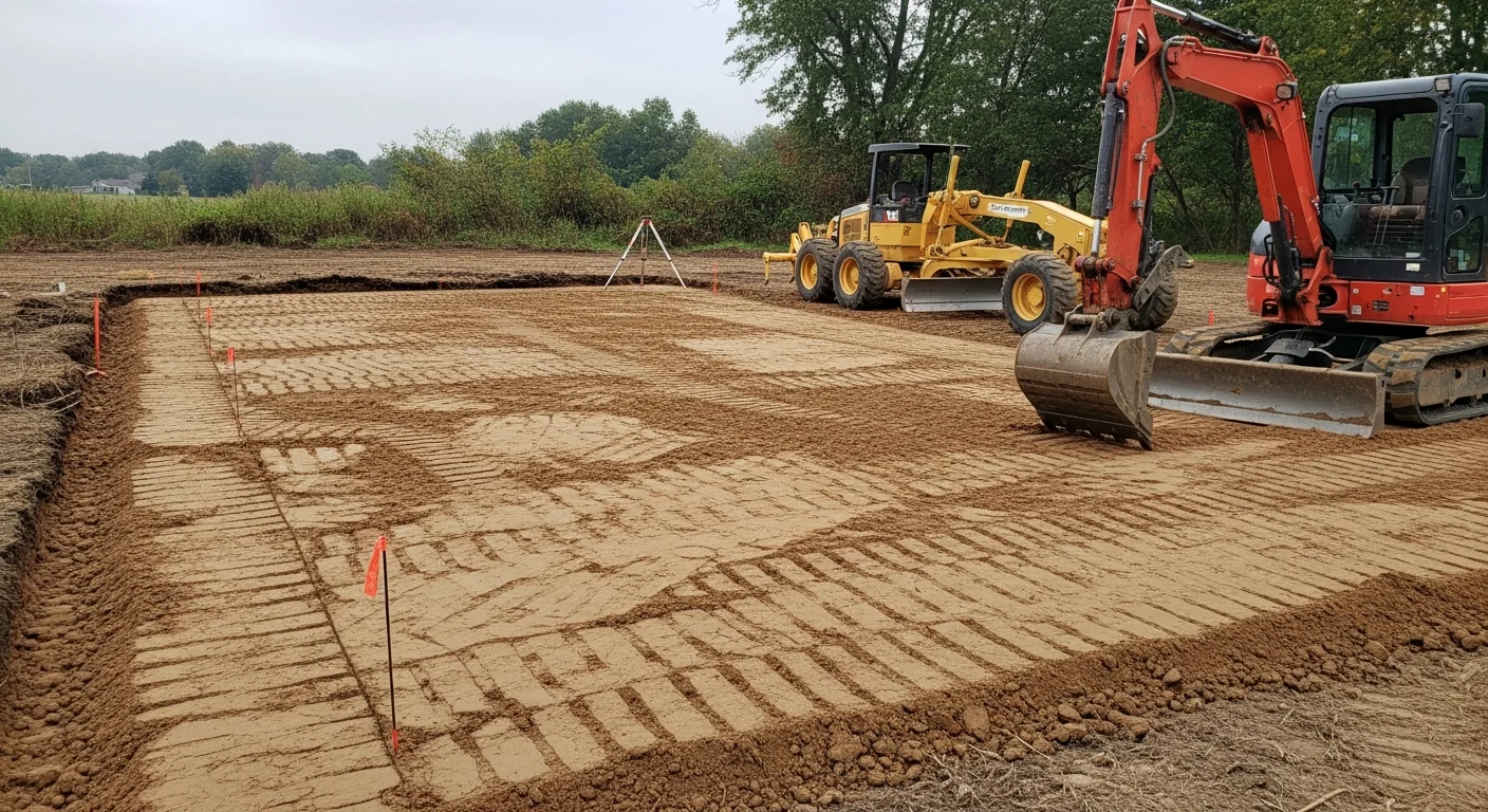 Excavation equipment grading a residential lot in Cuyahoga County, Ohio, with cleared topsoil and leveled ground ready for foundation work. The site shows exposed clay-heavy subsoil typical of Northeast Ohio properties.