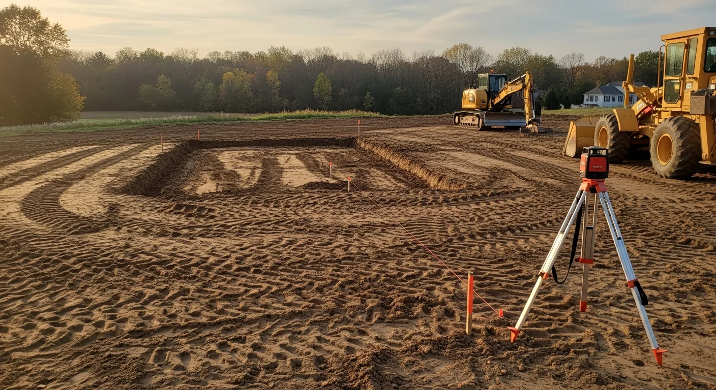 A graded residential yard in Cuyahoga County, Ohio, showing a smooth, sloped soil surface angled away from the home's foundation. An excavation crew levels the final grade using a skid loader on a cleared property with a house visible in the background.