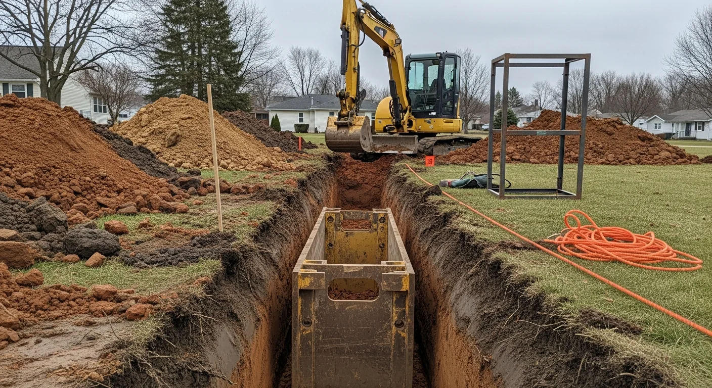 A clean, straight excavation trench dug through dense clay soil in a Cuyahoga County residential yard, exposing an existing sewer pipe for repair. Excavated soil is piled to one side with the trench walls intact and a compact excavator visible in the background.