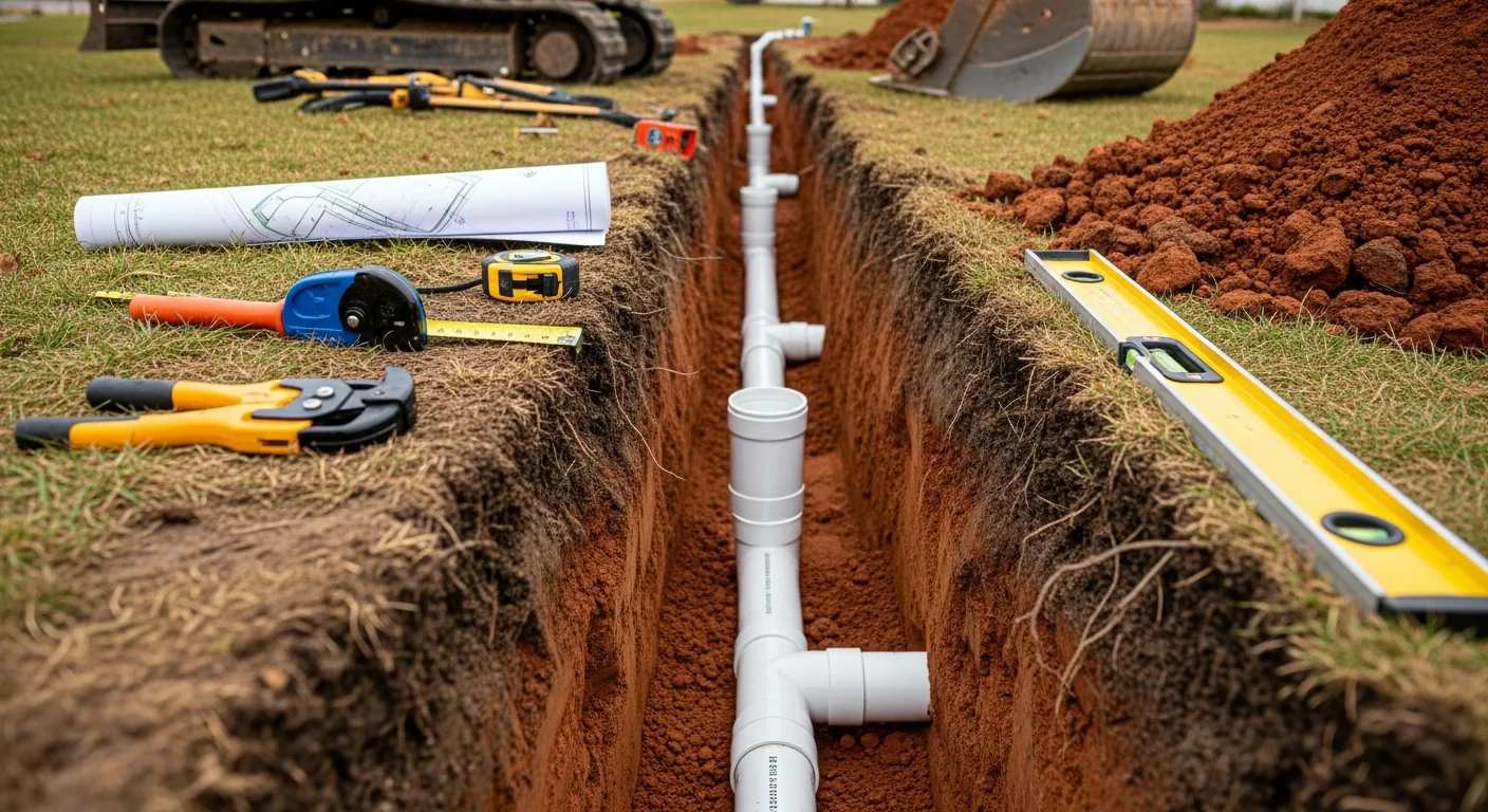 A freshly excavated trench in a Cuyahoga County residential yard showing underground sanitary drain pipe laid at grade before backfill. The surrounding soil shows the dense clay composition common to properties in the county.