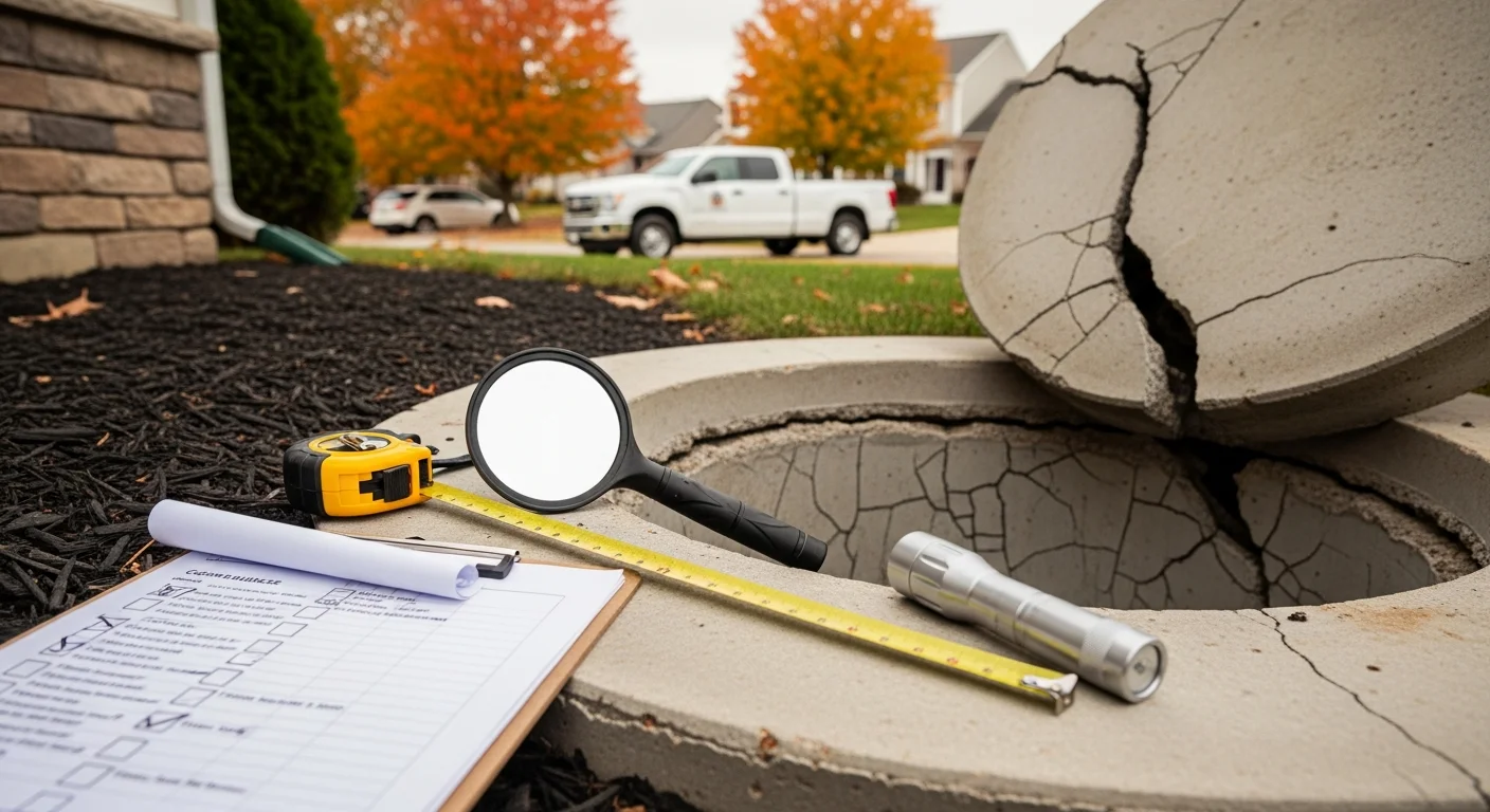 A septic pump vault being inspected and repaired at a residential property in Cuyahoga County, Ohio. The concrete vault structure is exposed during excavation, showing the access opening and surrounding soil conditions.