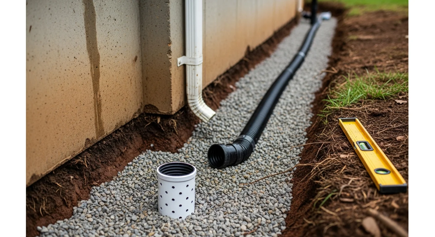 A Cuyahoga County residential yard with a newly installed drainage channel directing water away from the home's foundation after a heavy rain. A plumber from Good Fellas Plumbing & Drain inspects the diversion point near the foundation edge.