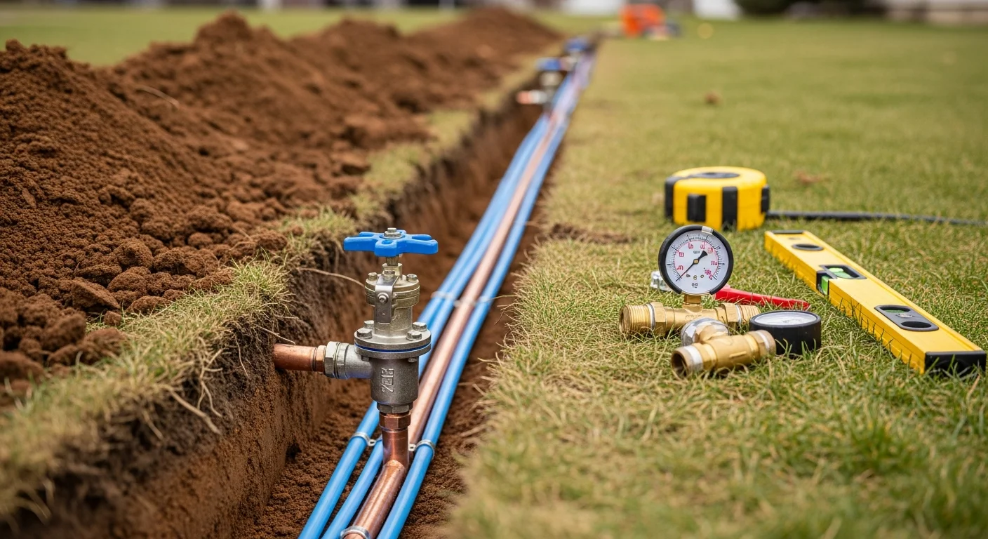 A licensed plumber from Good Fellas Plumbing & Drain completing a residential water line installation at a Cuyahoga County home. The image shows a freshly installed underground water line running from the street connection to the home's foundation.