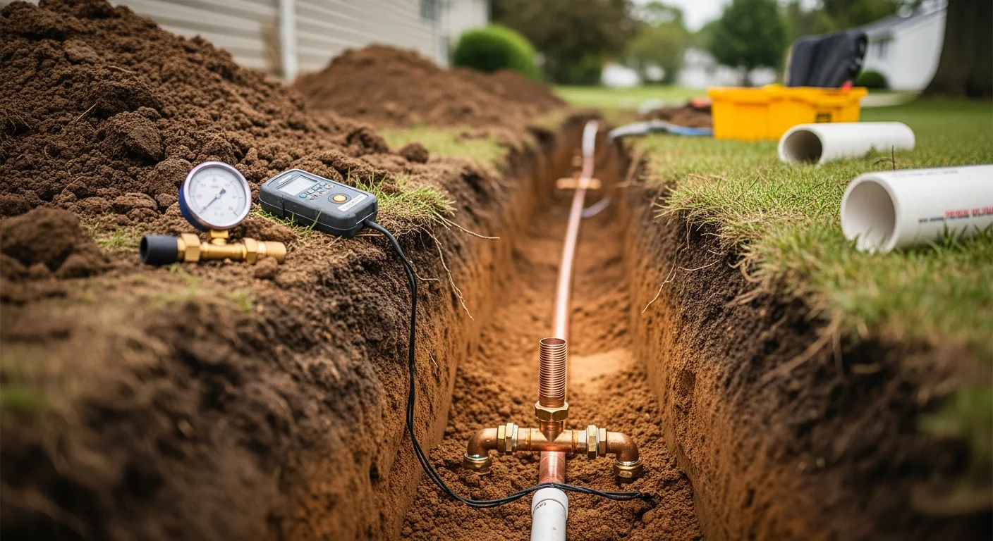 A plumber inspecting an exposed underground water line in a residential yard in Cuyahoga County, Ohio. The surrounding clay soil shows signs of moisture saturation near the pipe joint where a repair is being made.