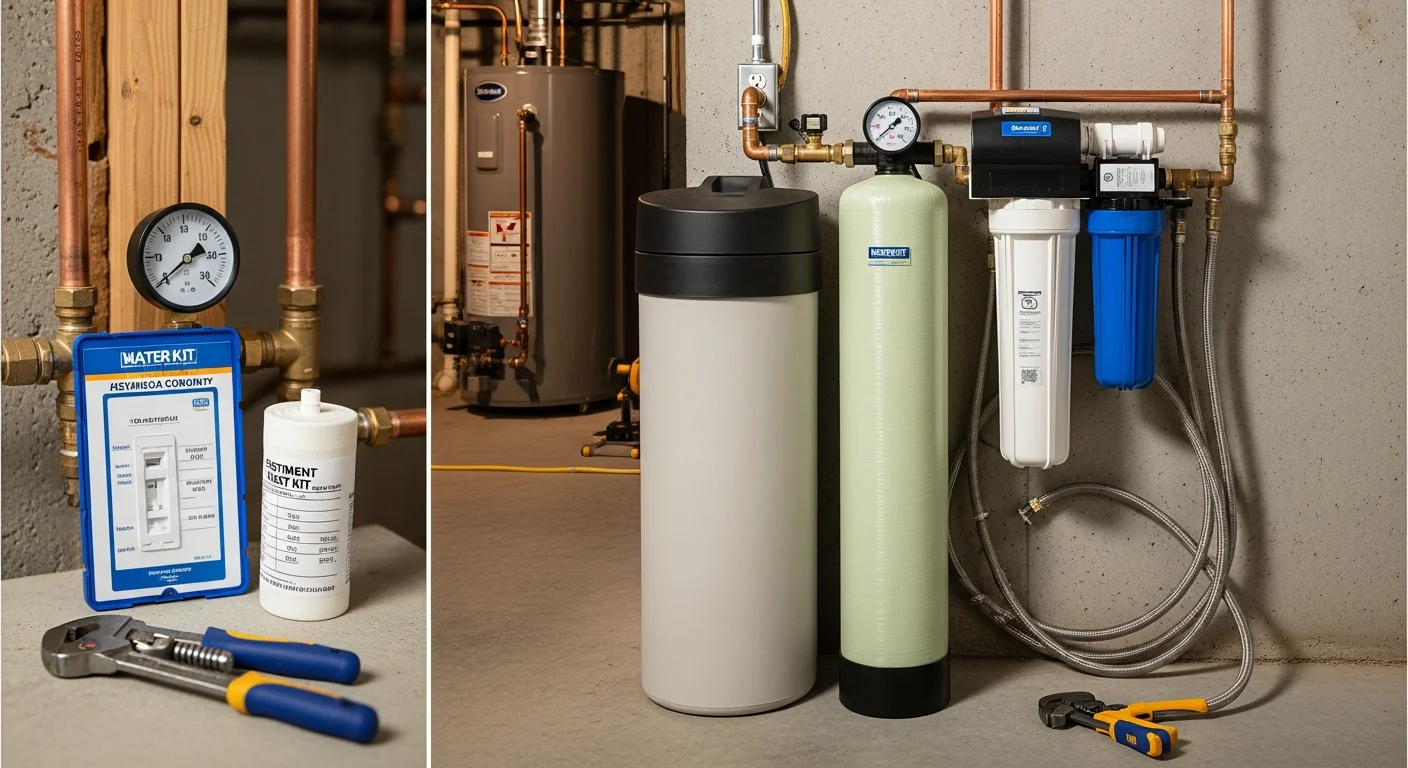 A licensed plumber from Good Fellas Plumbing & Drain connecting a whole-house water softener to the main supply line inside a Cuyahoga County home. The system is mounted on a utility room wall next to the water heater.