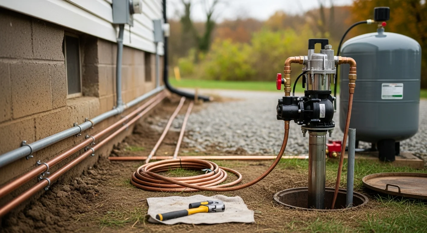 A newly installed submersible well pump system with a connected pressure tank inside a Cuyahoga County residential utility area. The pump lines, fittings, and pressure gauge are visible and properly secured.