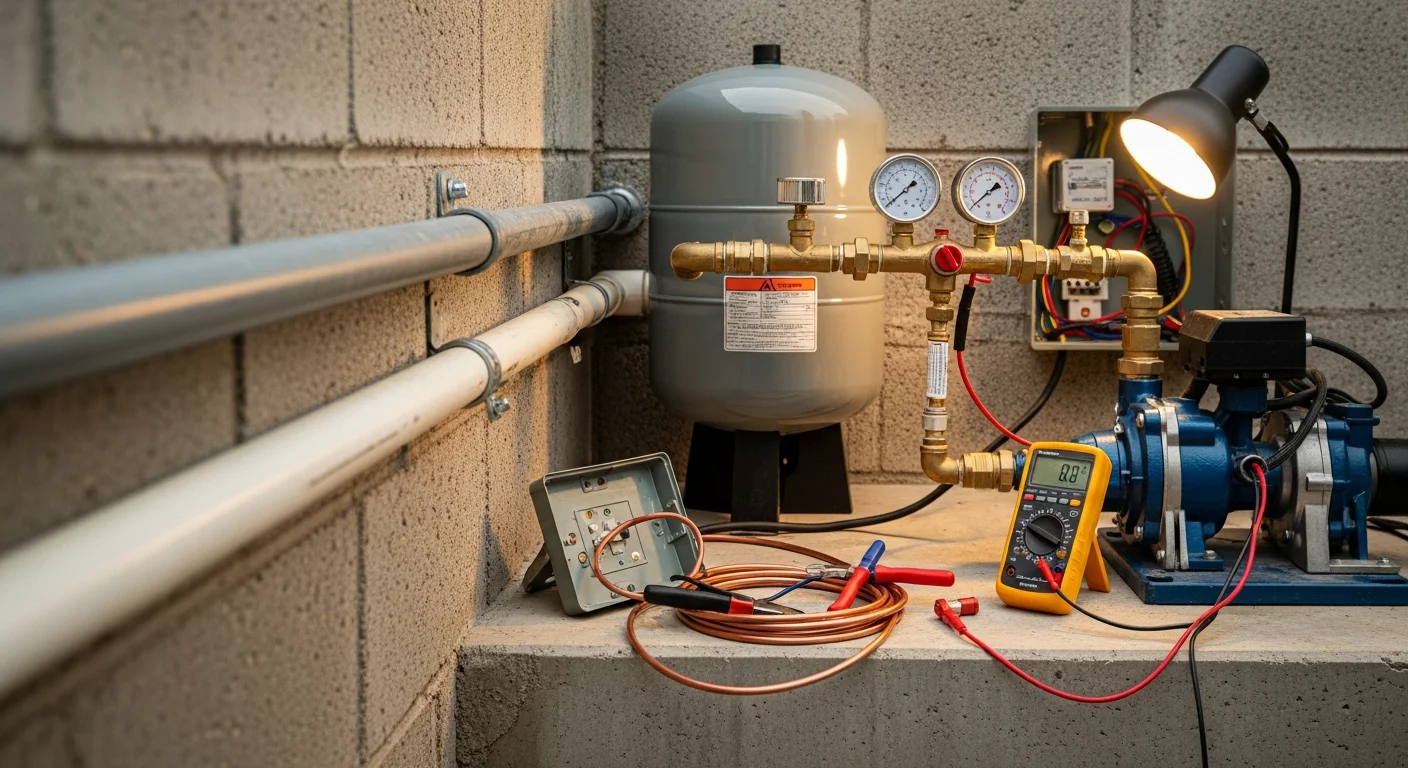A plumber inspecting a submersible well pump and pressure tank system inside a utility room of a residential home in Cuyahoga County, Ohio. The technician checks the pressure gauge and wiring connections during a well pump repair service call.